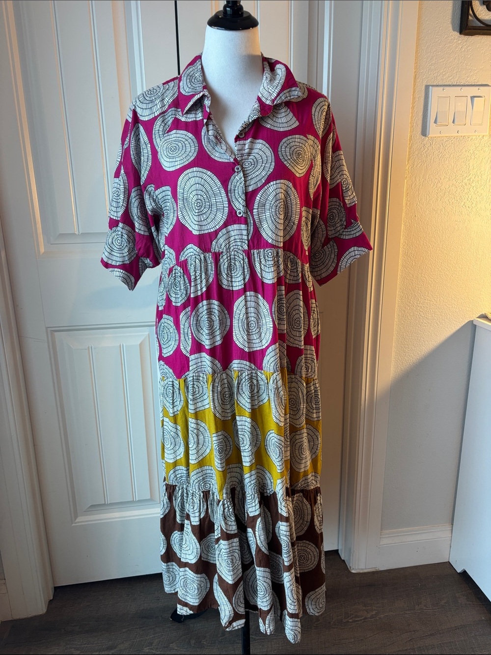 UNCLE FRANK Women's Pink Multicolor Tiered Button-Front Maxi Dress